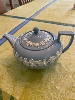 Wedgwood Blue Ceramic Teapot with White Floral Relief 1950’s Vintage Rare